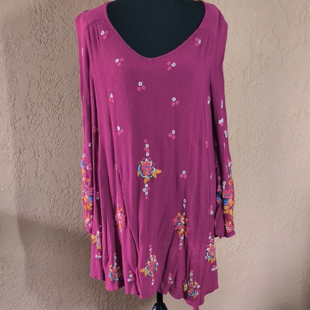 Free People Embroidered Oxford Long Sleeve Mini Dress Size Medium